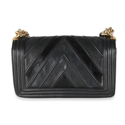Chanel Black Calfskin Caviar In The Mix Chevron Old Medium Boy Bag