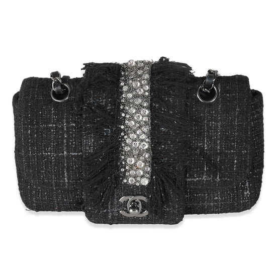 Chanel Black Tweed Swarovski Fringe Flap Bag