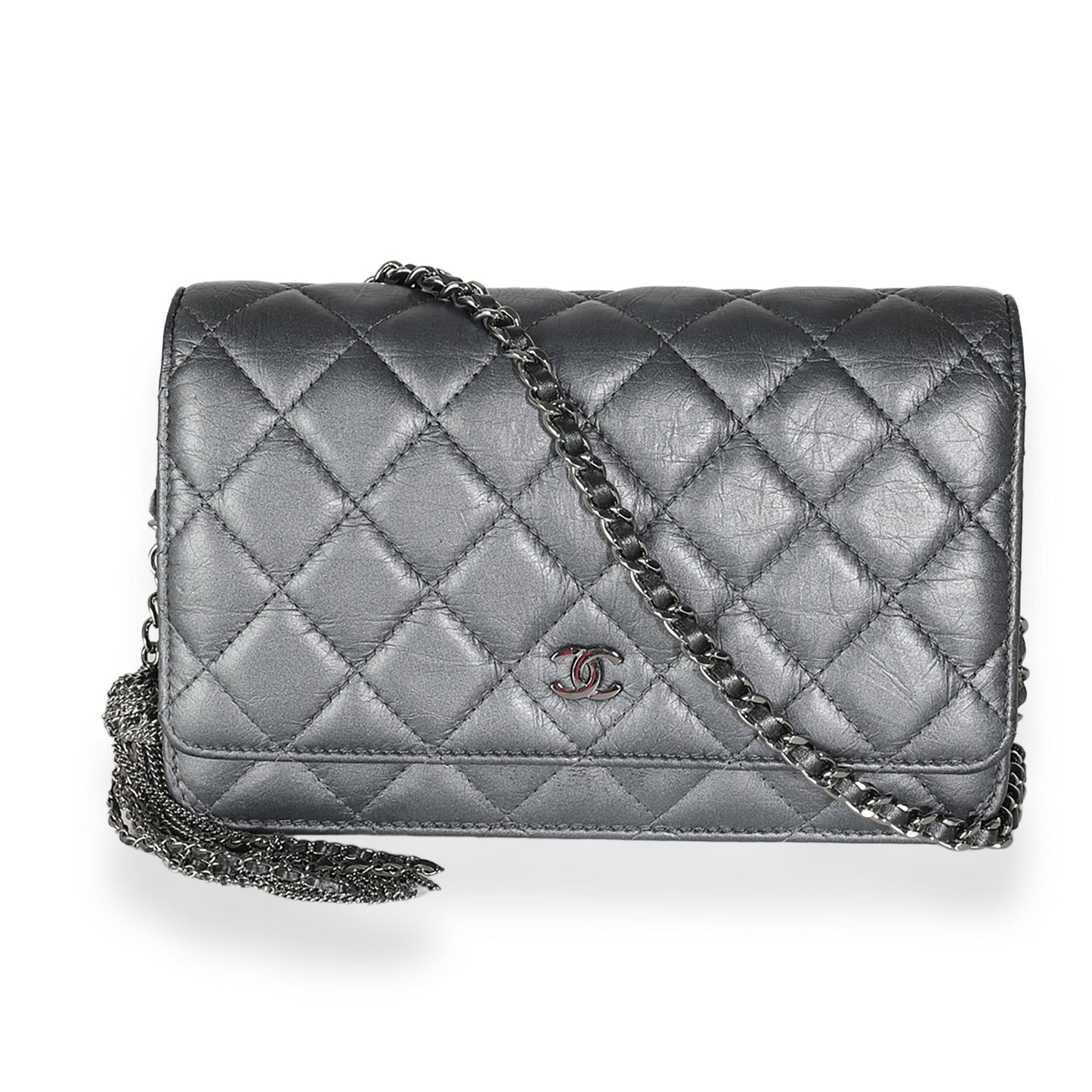 Chanel Dark Silver Iridescent Aged Calfskin Quilted Tassel Wallet On Chain