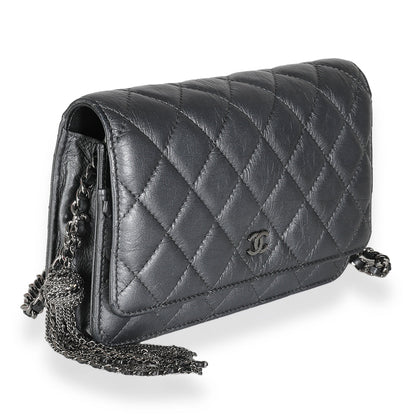 Chanel Dark Silver Iridescent Aged Calfskin Quilted Tassel Wallet On Chain