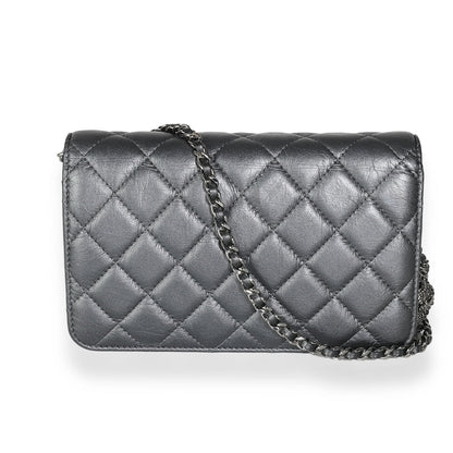 Chanel Dark Silver Iridescent Aged Calfskin Quilted Tassel Wallet On Chain