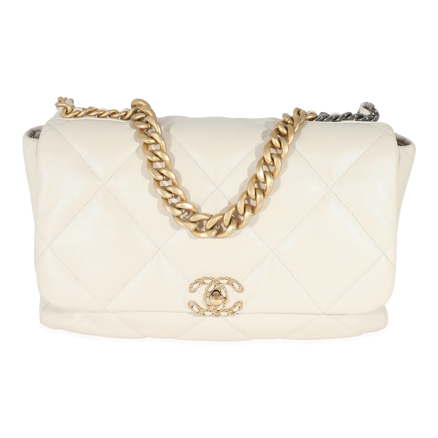 Chanel Ivory Shiny Quilted Lambskin Maxi Chanel 19 Flap Bag