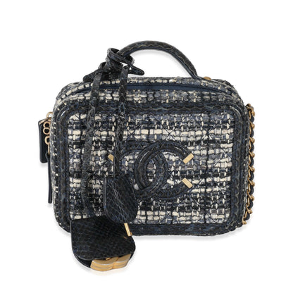 Chanel Navy Tweed Snakeskin Small CC Filigree Vanity Case