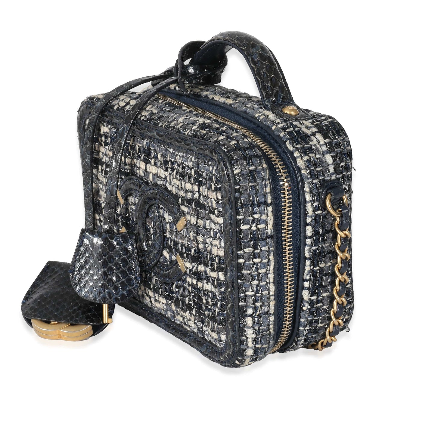 Chanel Navy Tweed Snakeskin Small CC Filigree Vanity Case