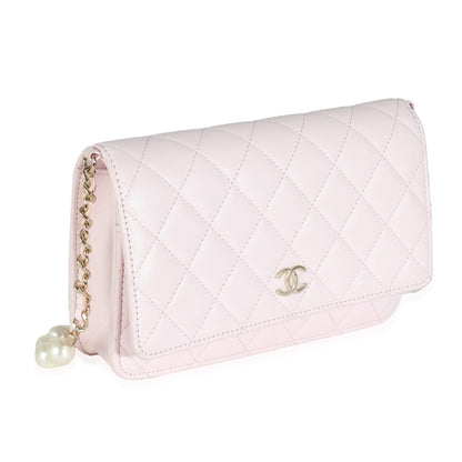 Chanel Pink Quilted Lambskin Pearl Wallet On Chain