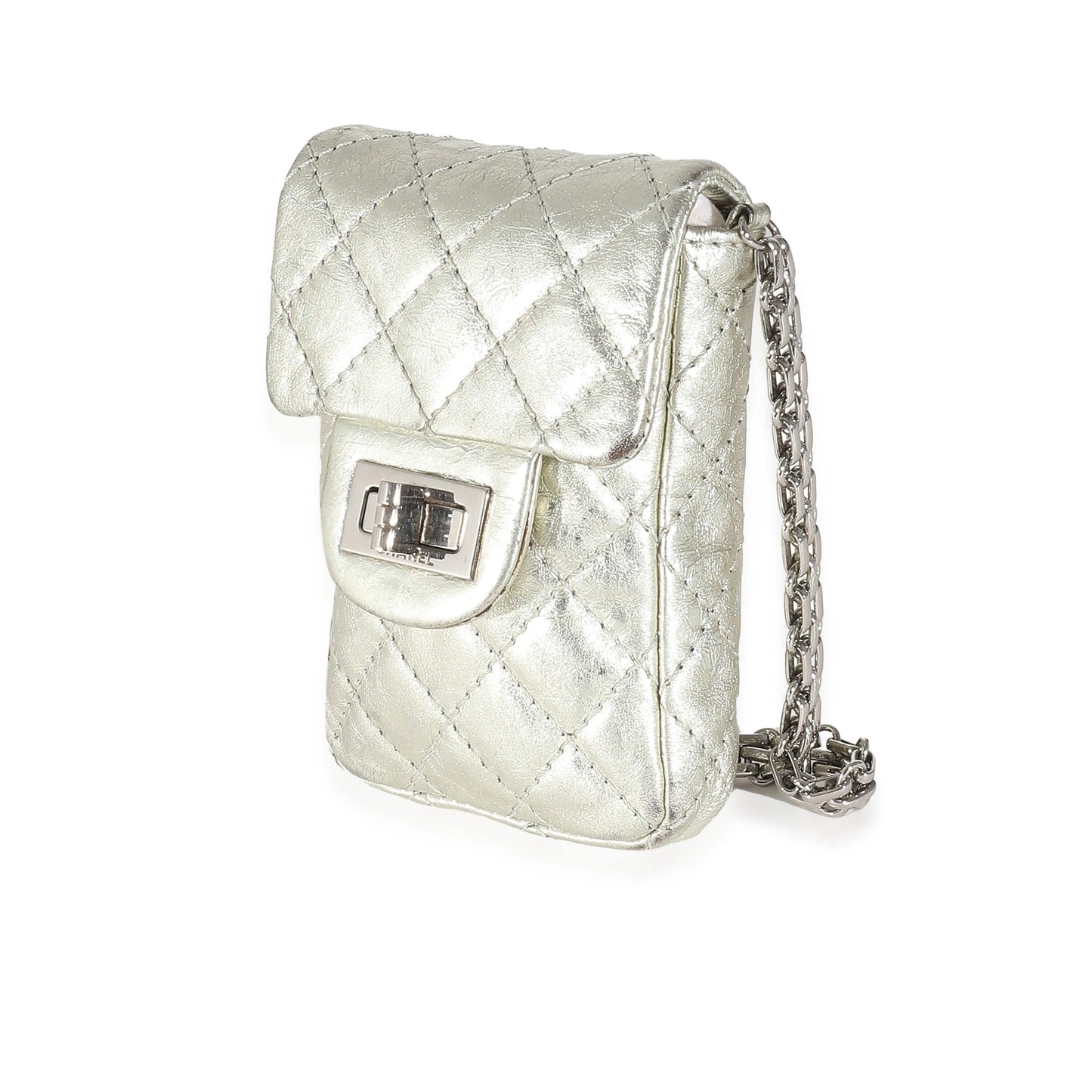 Chanel Silver Metallic Aged Calfskin Quilted 2.55 Reissue Phone Case