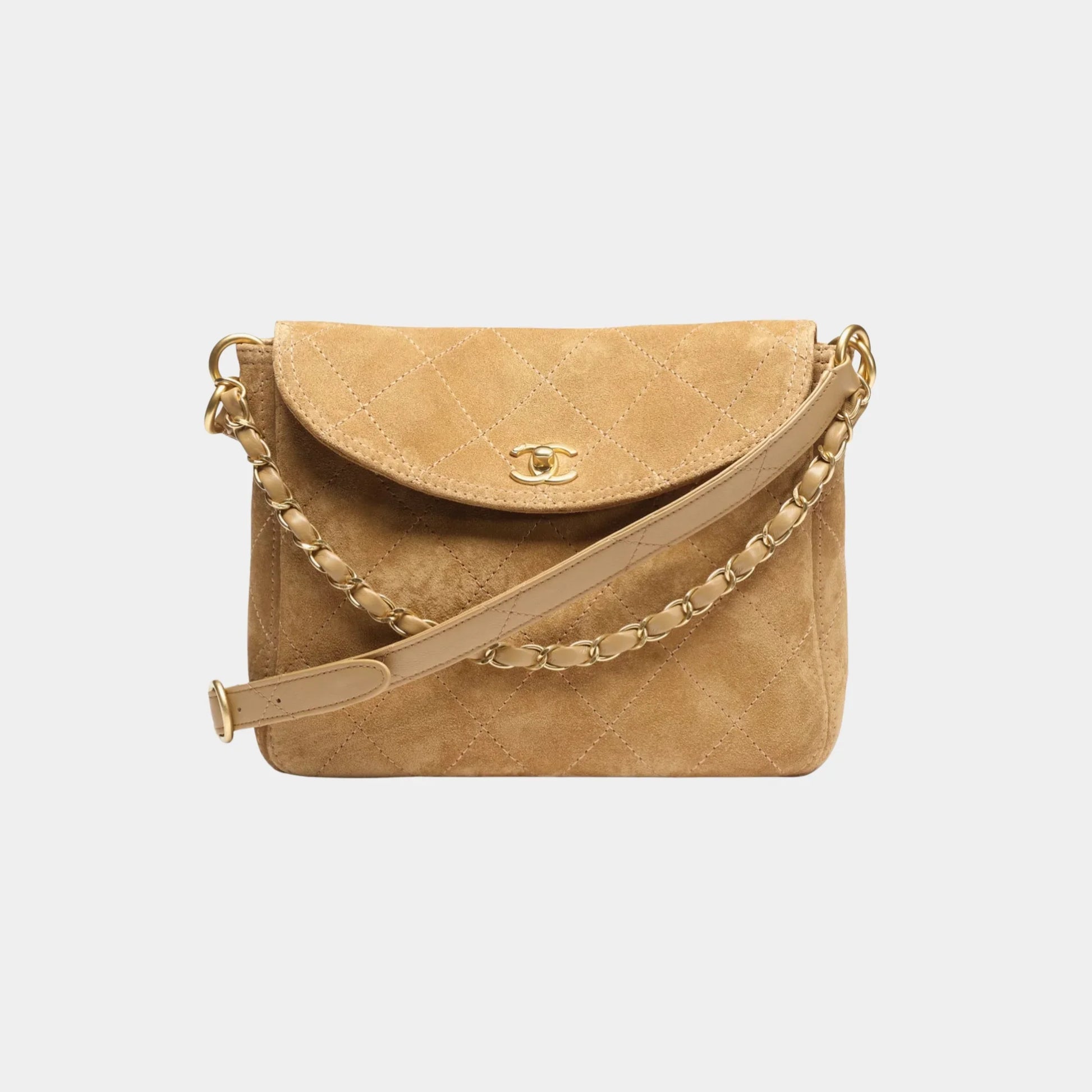 Chanel Hobo Handbag in Suede Calfskin & Gold Metal, Dark Beige, Front