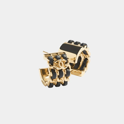 Hoop Earrings in Gold Metal and Black Lambskin