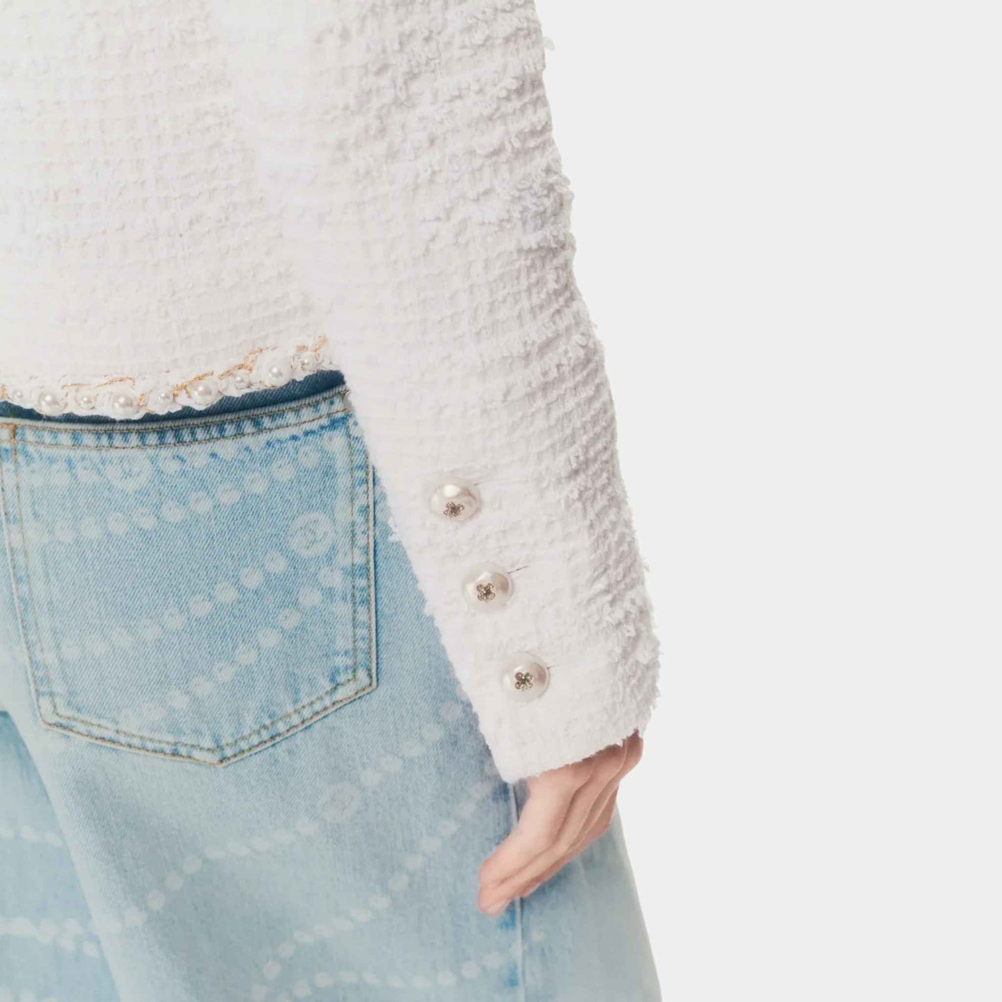 Jacket Cotton Tweed Imitation Pearls White