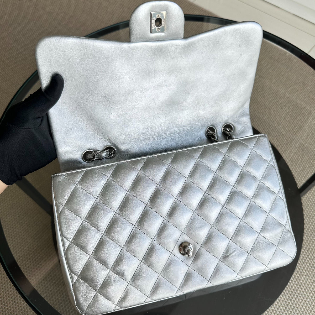 Jumbo Classic Flap Single Flap 30CM Quilted Lambskin Silver SHW No 13