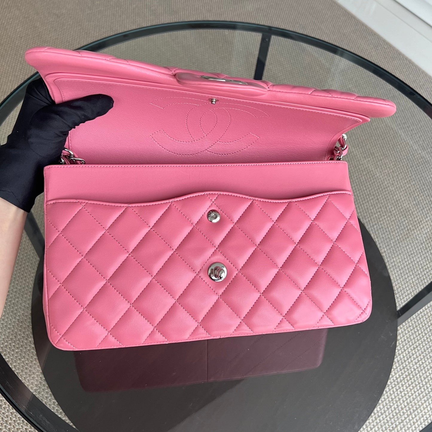 Balance of Jumbo Double Flap Classic Flap Quilted Lambskin Sakura Pink Silver Hardware Series 18