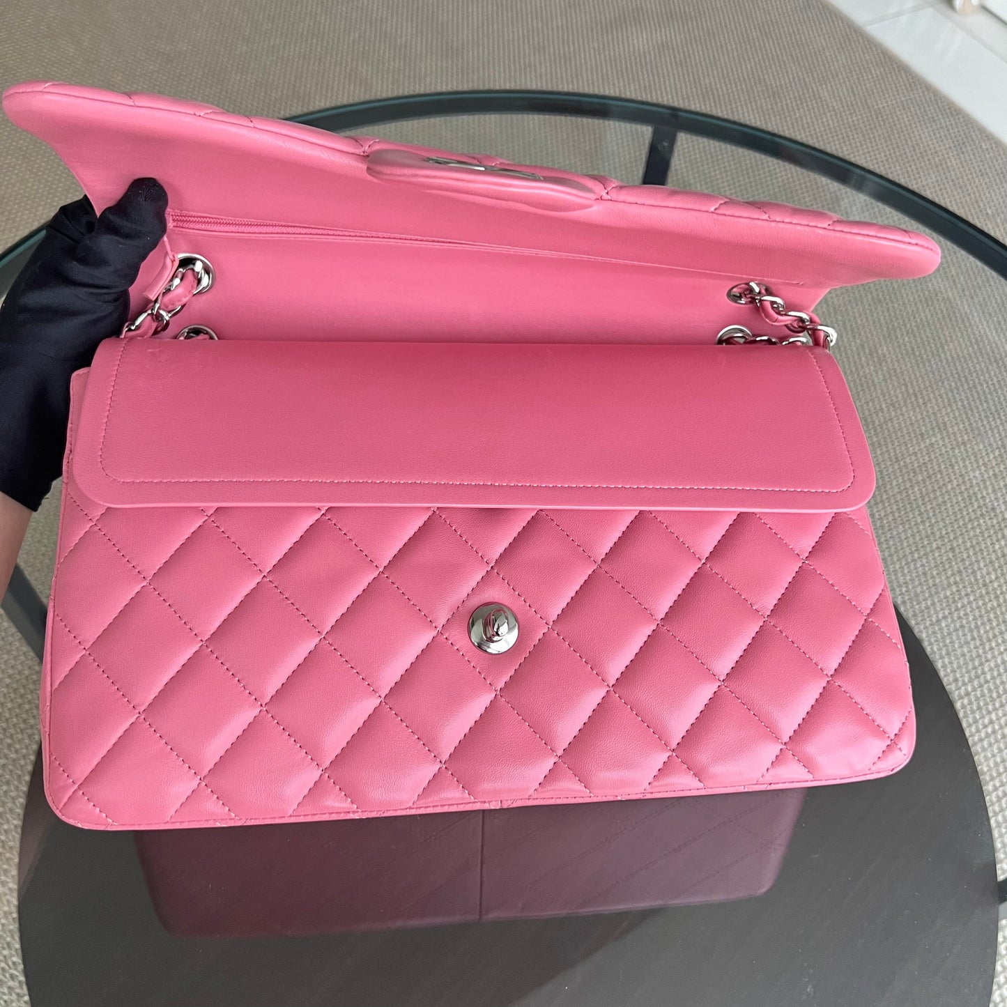Balance of Jumbo Double Flap Classic Flap Quilted Lambskin Sakura Pink Silver Hardware Series 18