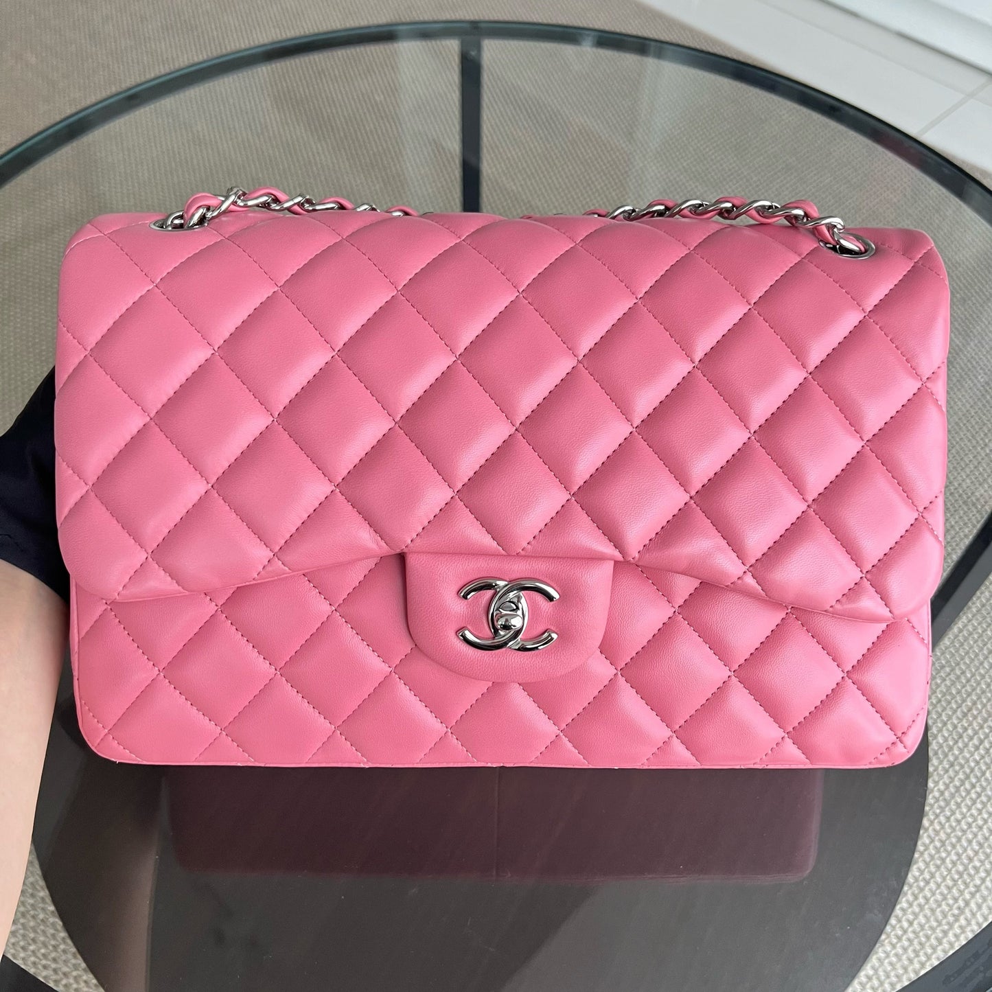 Balance of Jumbo Double Flap Classic Flap Quilted Lambskin Sakura Pink Silver Hardware Series 18