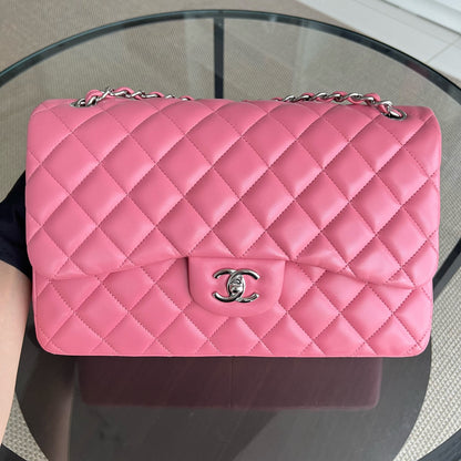 Balance of Jumbo Double Flap Classic Flap Quilted Lambskin Sakura Pink Silver Hardware Series 18