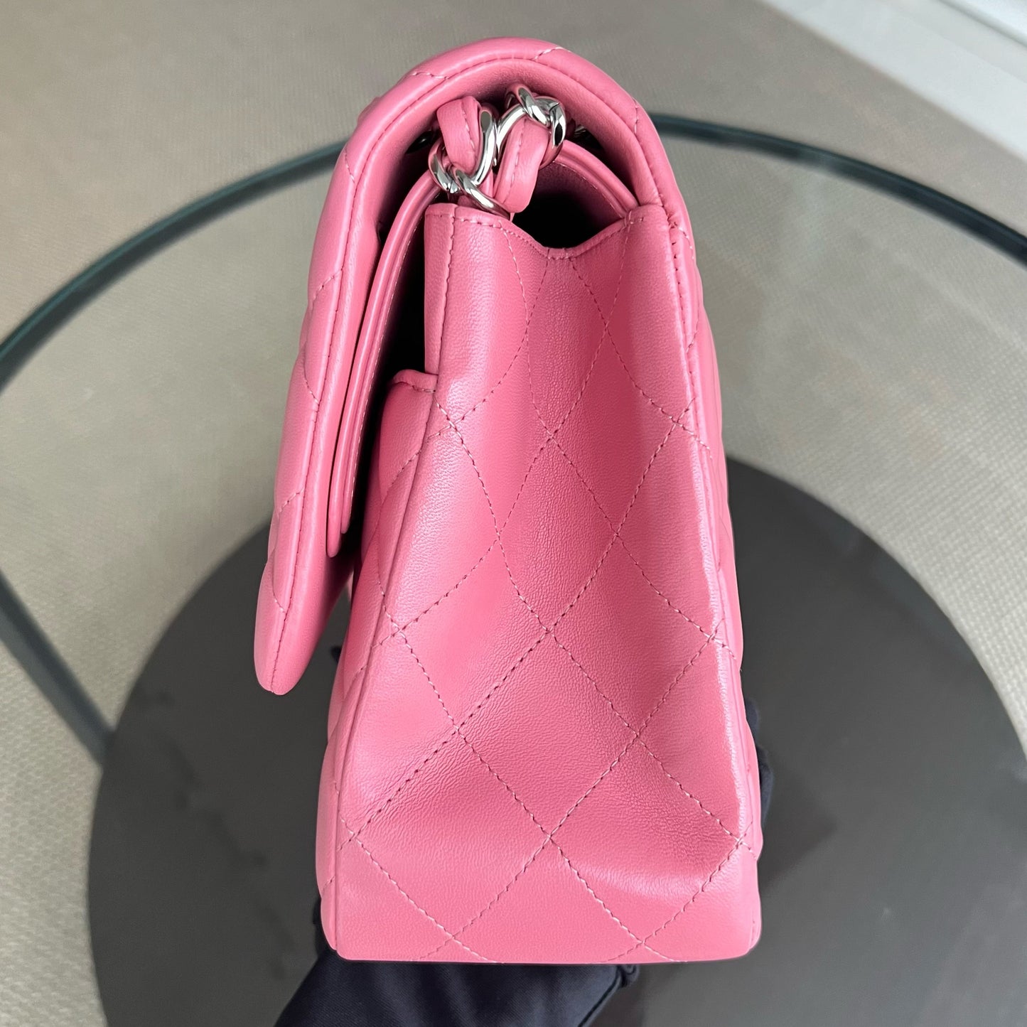 Balance of Jumbo Double Flap Classic Flap Quilted Lambskin Sakura Pink Silver Hardware Series 18