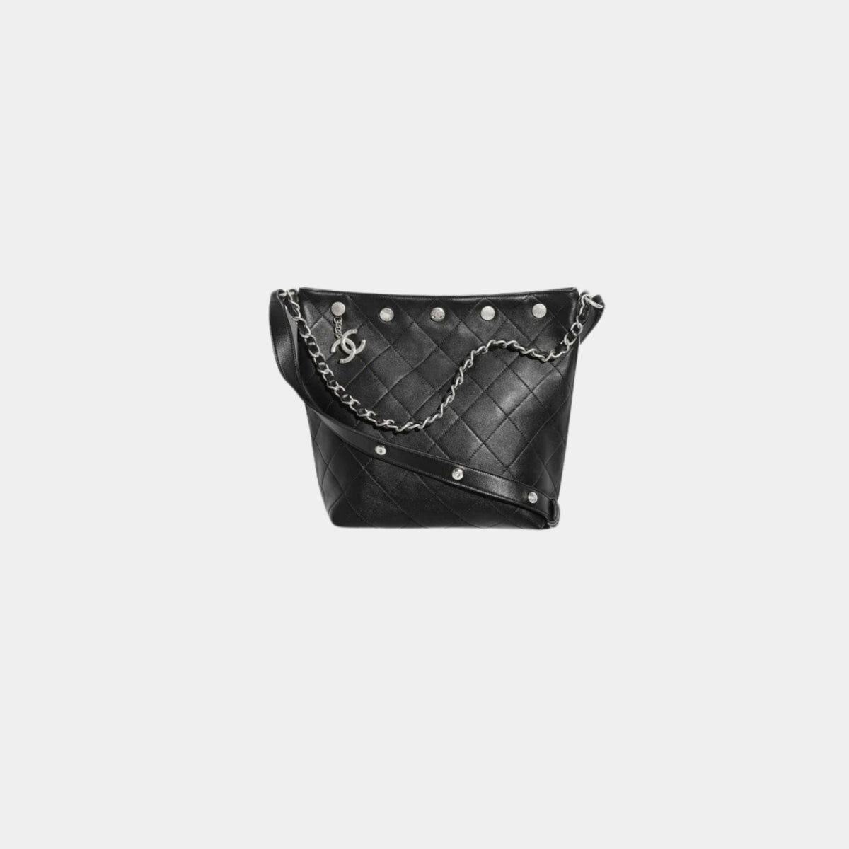 Large Bucket Bag Shiny Lambskin Silver Tone Metal Black