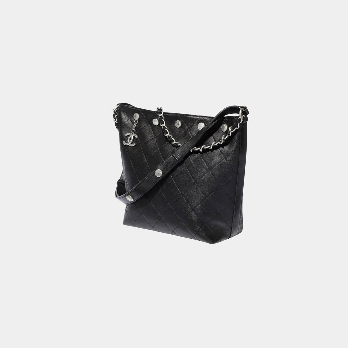 Large Bucket Bag Shiny Lambskin Silver Tone Metal Black