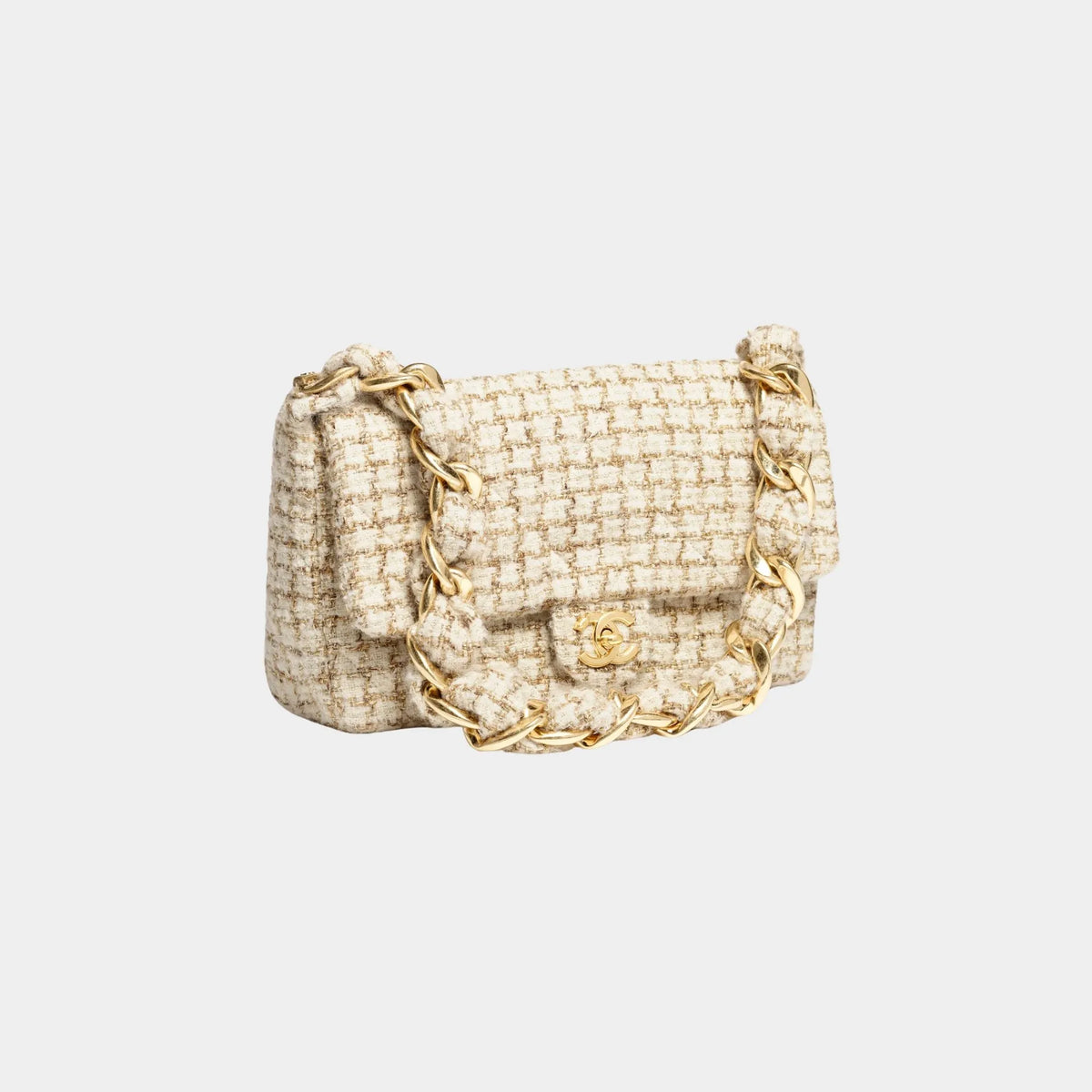 Large Flap Bag Tweed & Gold Metal Ecru Beige & Gold
