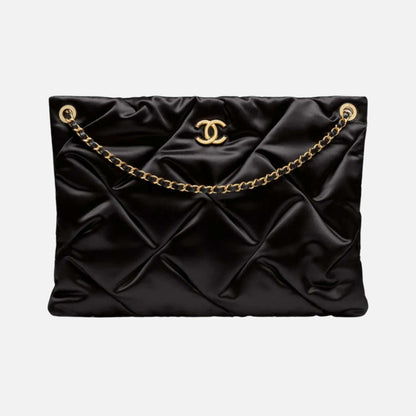 Chanel Large Pouch Bag In Satin And Gold Tone Metal, Black, Front