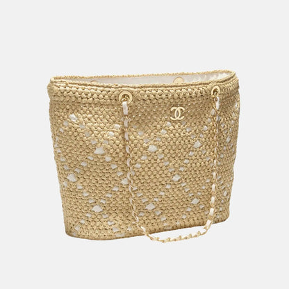 Large Tote Braided Raffia Cotton Grosgain Ribbon & gold tone metal
