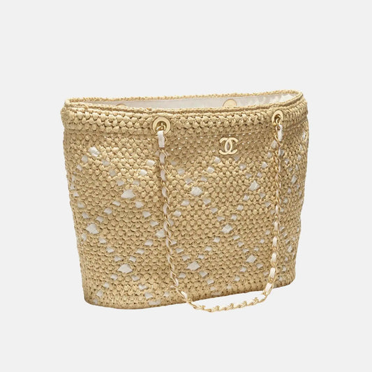 Large Tote Braided Raffia Cotton Grosgain Ribbon & gold tone metal