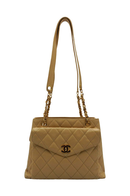 Large Vintage Front Pocket Quilted Caviar Beige