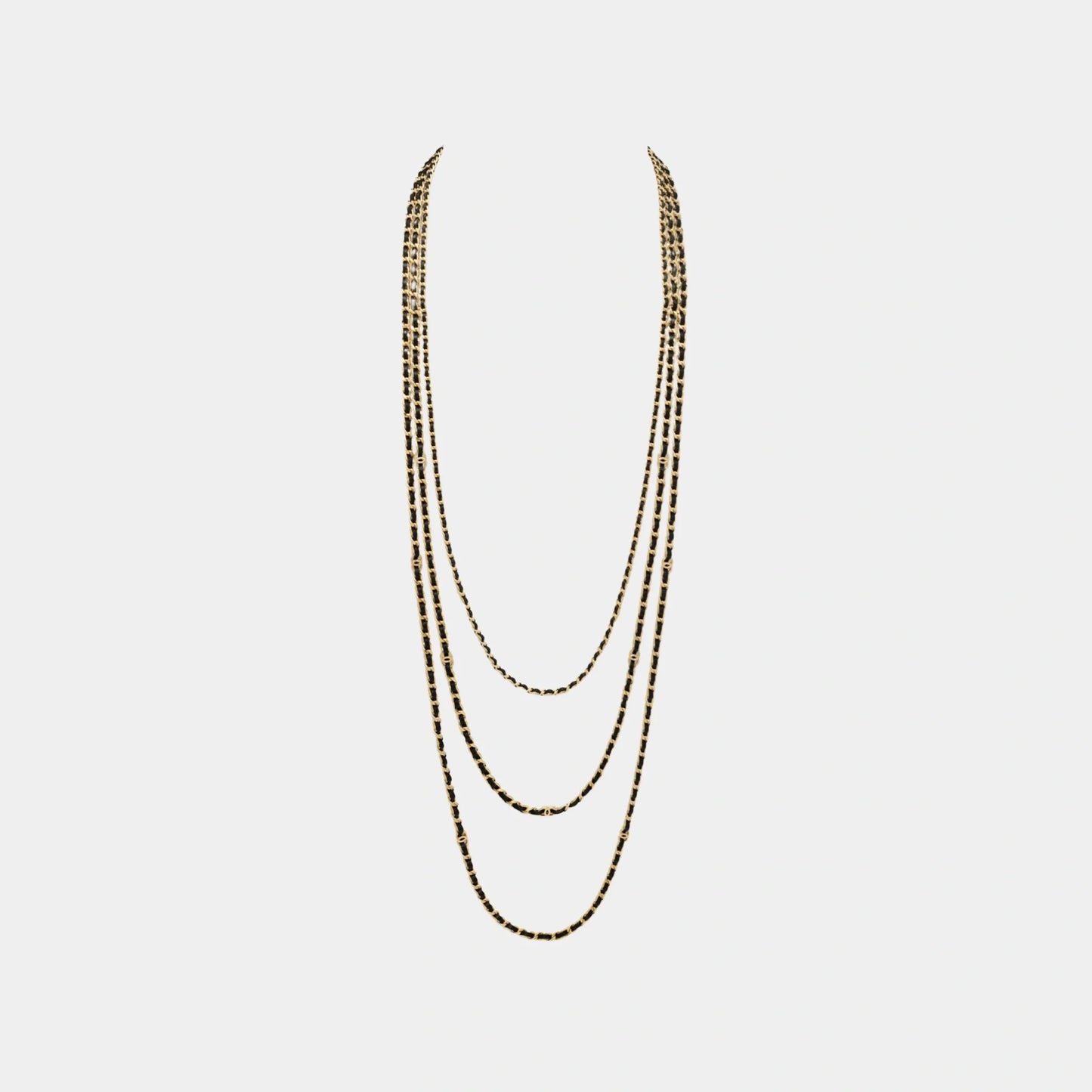 Long Layered Necklace in Gold Metal & Black Lambskin