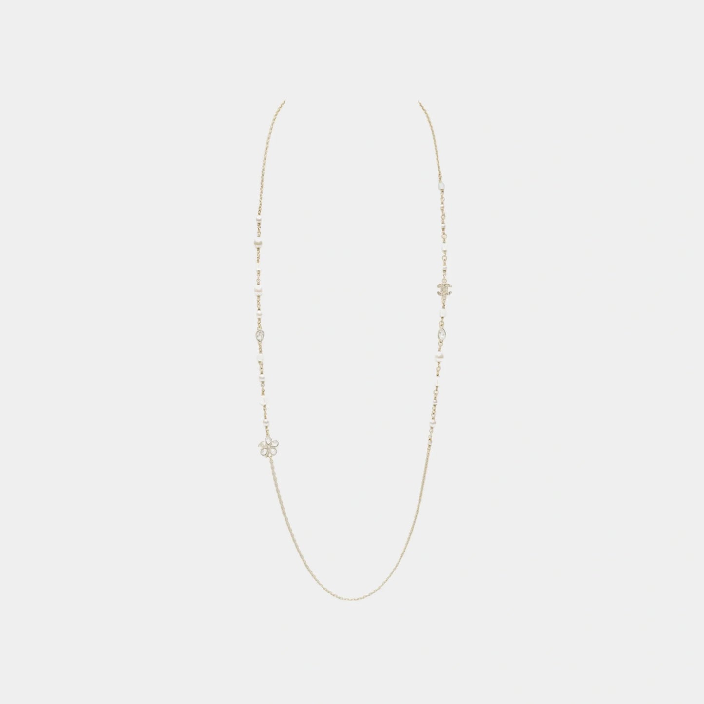 Long Necklace in Gold Metal with Glass Pearls and Crystal