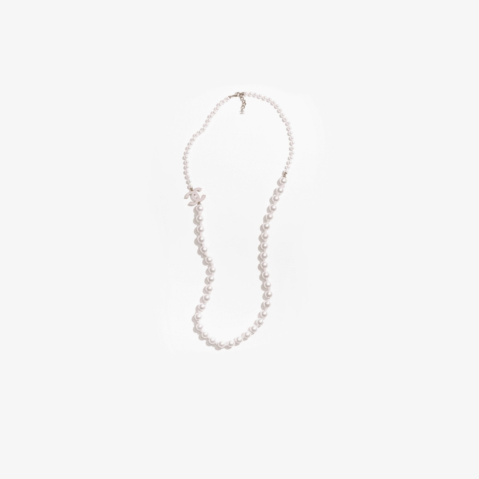 Chanel Long Necklace Metal Glass & Imitation Pearls Silk Resin, Pink, Top