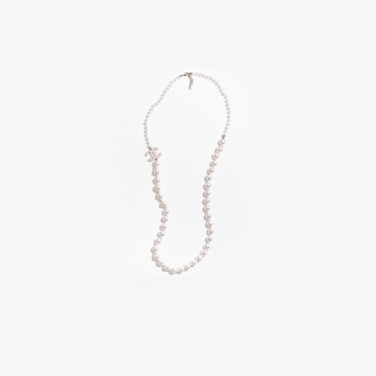 Chanel Long Necklace Metal Glass & Imitation Pearls Silk Resin, Pink, Top