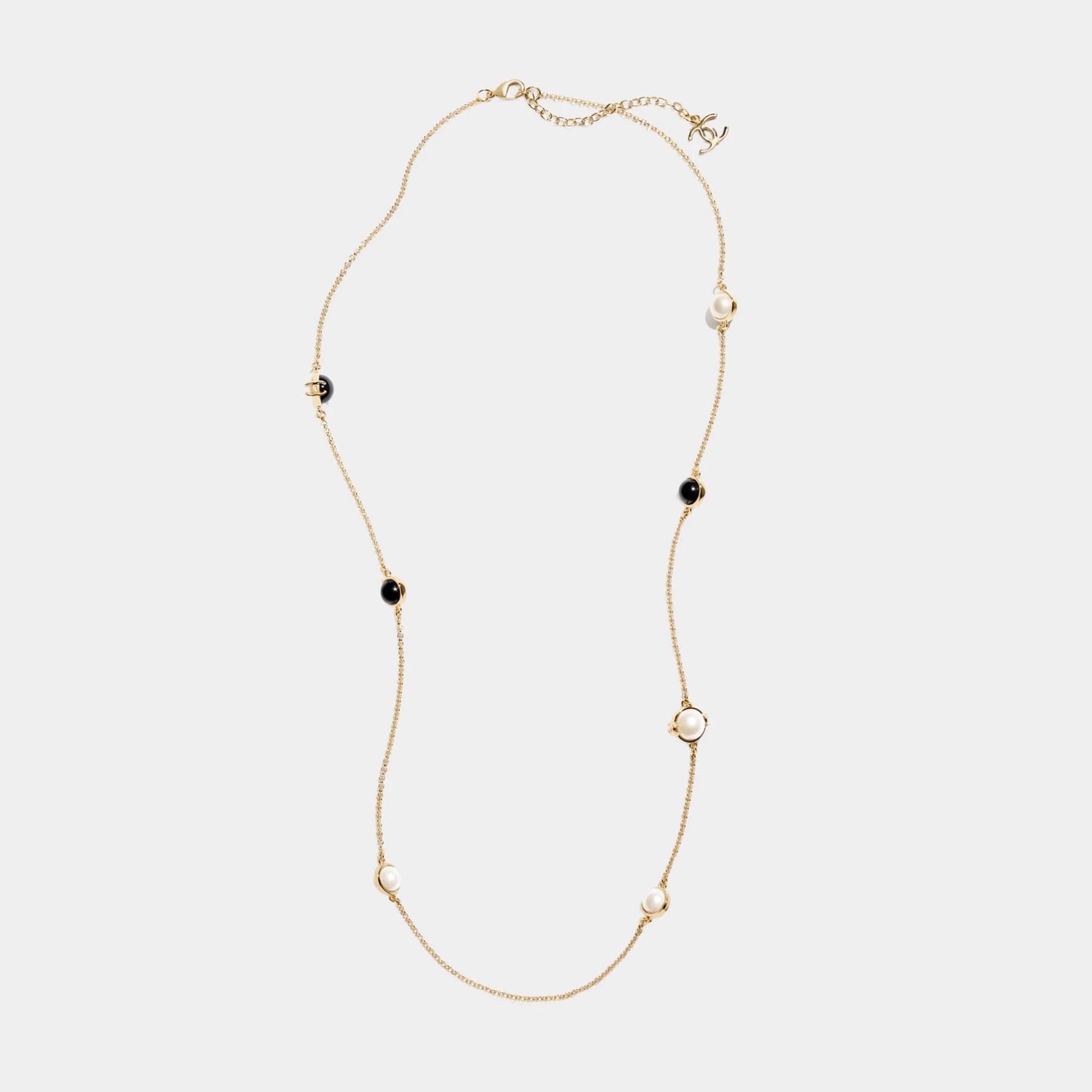 Long Necklace Metal & Resin Gold Black & Pearly White