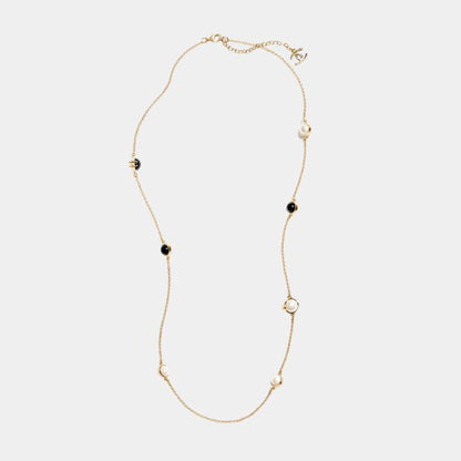 Long Necklace Metal & Resin Gold Black & Pearly White