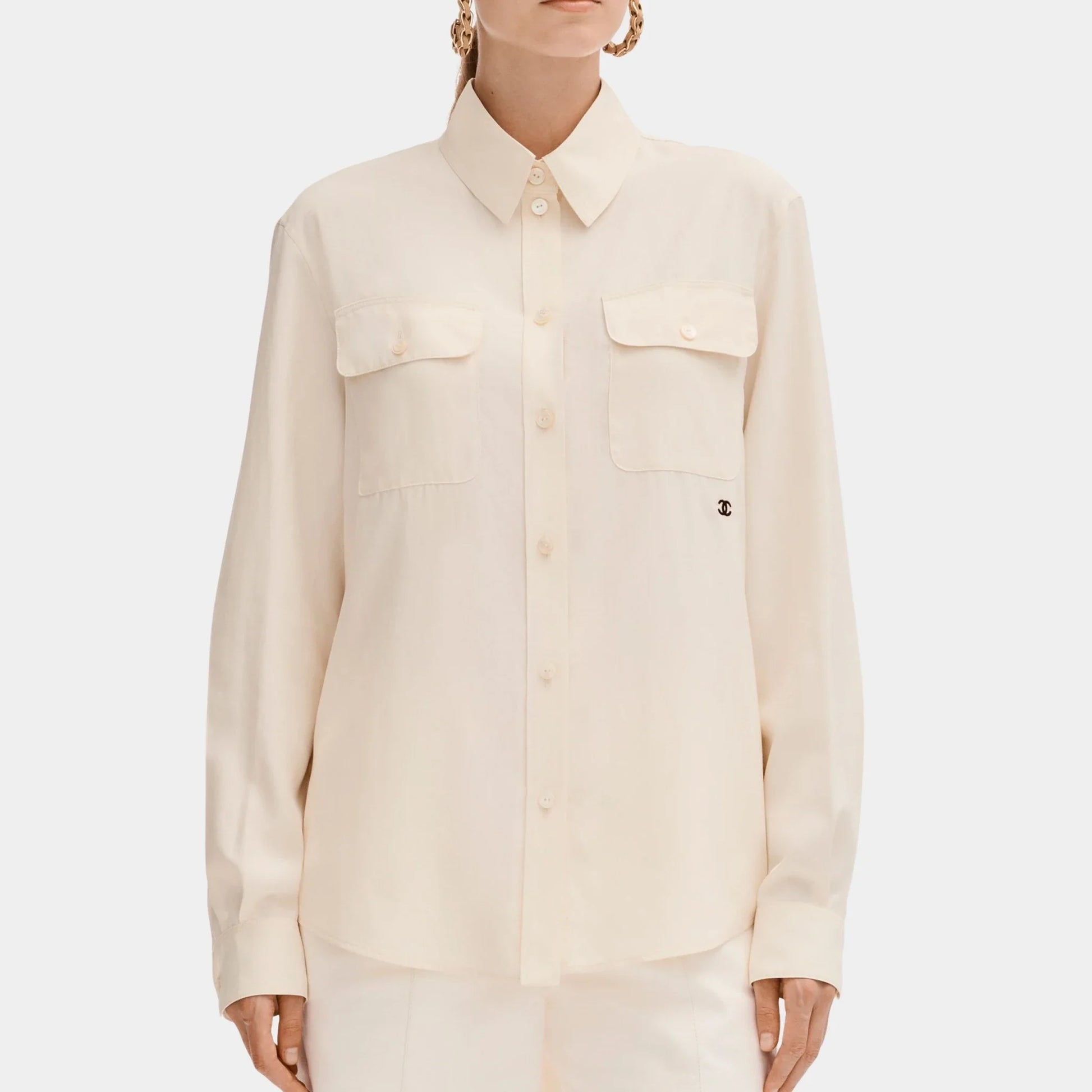 Chanel Long-sleeved Shirt in Silk Light Yellow, Front