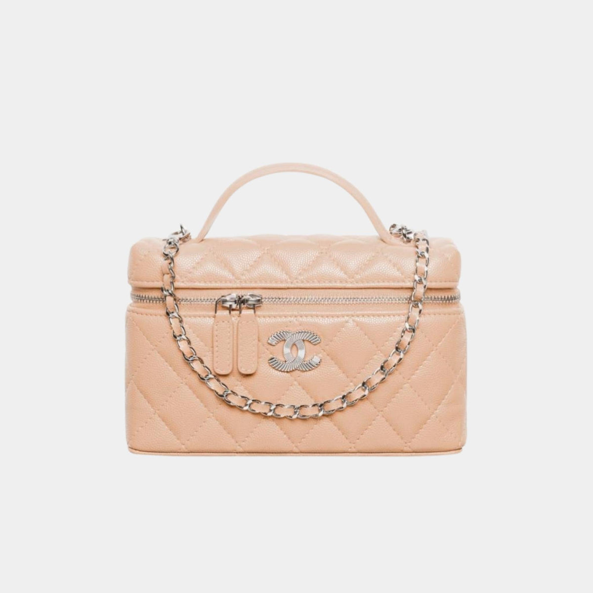 Chanel Long Vanity with Chain in Shiny Grained Calfskin and Silver Tone Metal, Beige