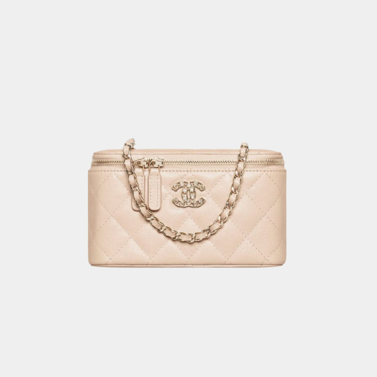 Chanel Long Vanity with Chain in Shiny Graind Calfskin and Strass, Beige