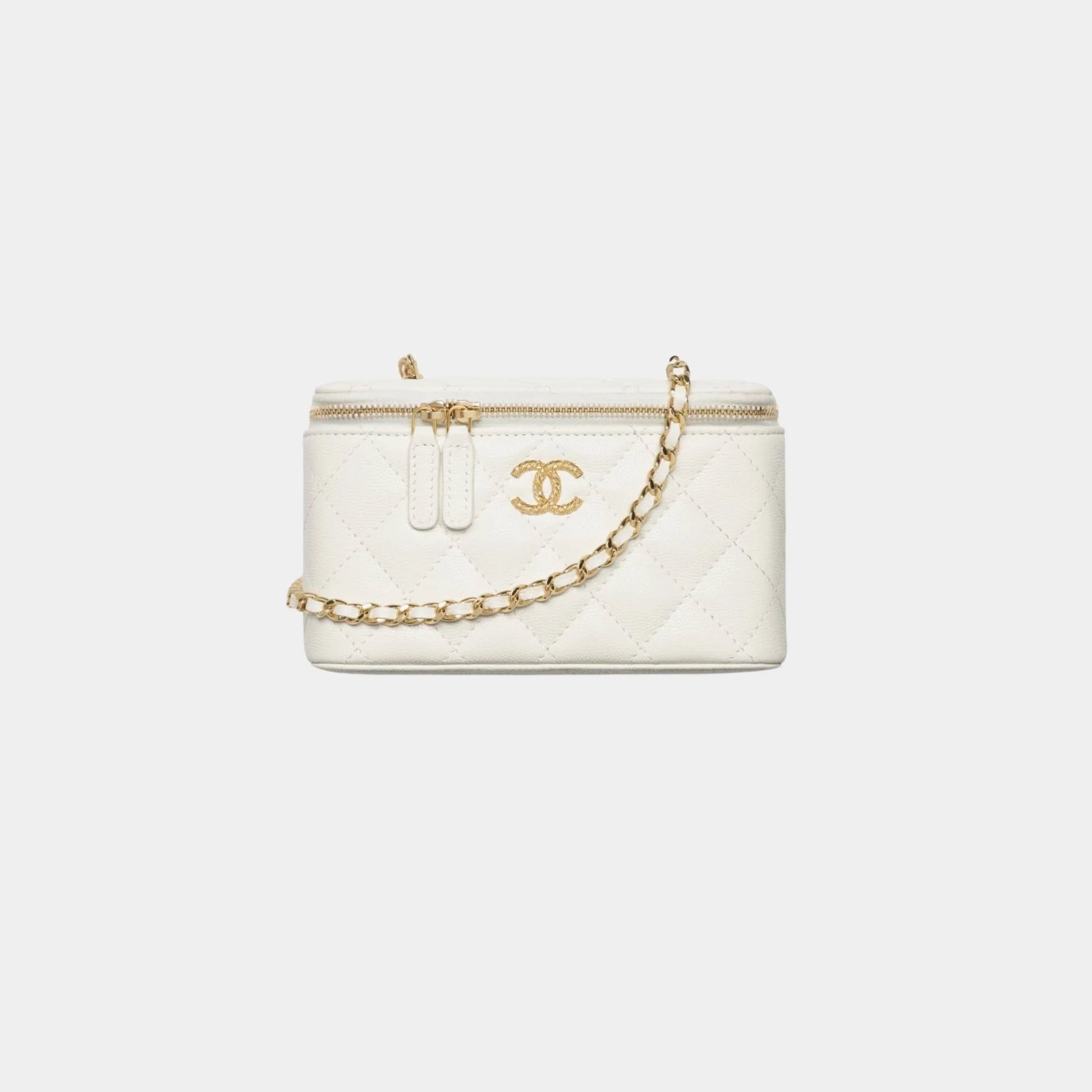 Chanel Long Vanity With Chain Shiny grained Calfskin Strass & Gold Tone Metal, White