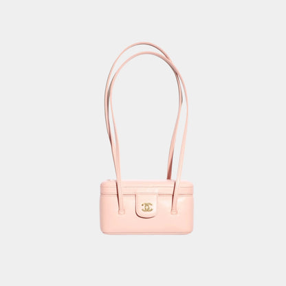 Chanel Long Vanity With Leather Strap Grained Shiny Calfskin & Gold Tone Metal, Light Pink , Front
