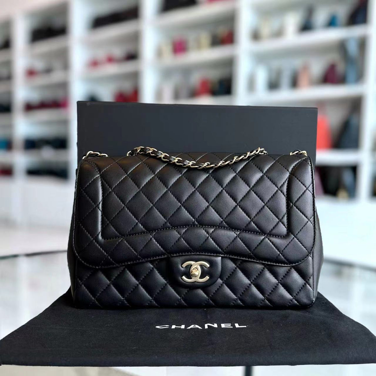 Mademoiselle Chic Seasonal Flap Jumbo 30CM Quilted Lambskin Black GHW No 21