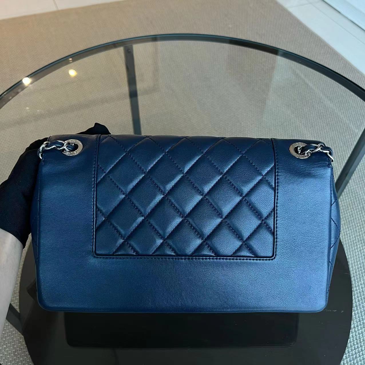 Mademoiselle Medium Seasonal Double Flap Calfskin Quilted Dark Navy Blue Series 23