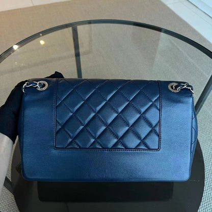 Mademoiselle Medium Seasonal Double Flap Calfskin Quilted Dark Navy Blue Series 23