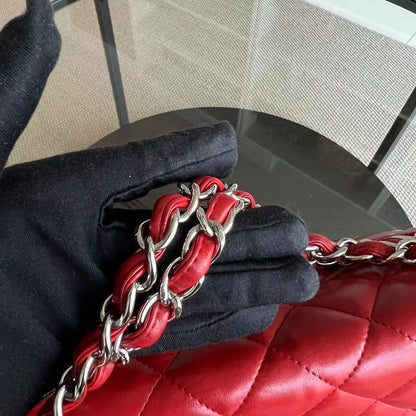Maxi Classic Flap Quilted Lambskin Red Silver Hardware Series 13