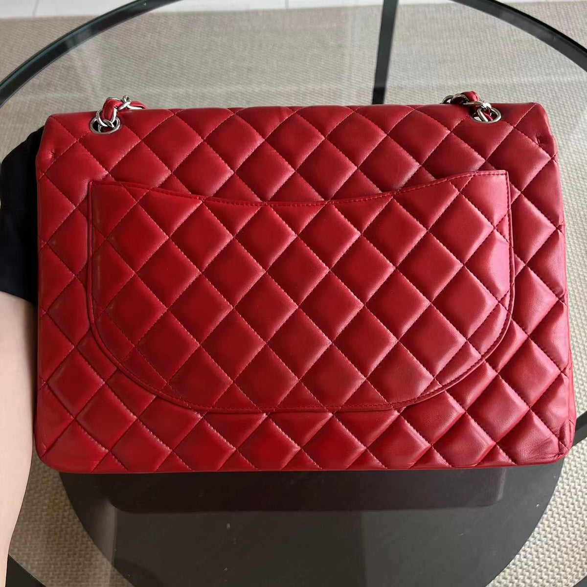 Maxi Classic Flap Quilted Lambskin Red Silver Hardware Series 13