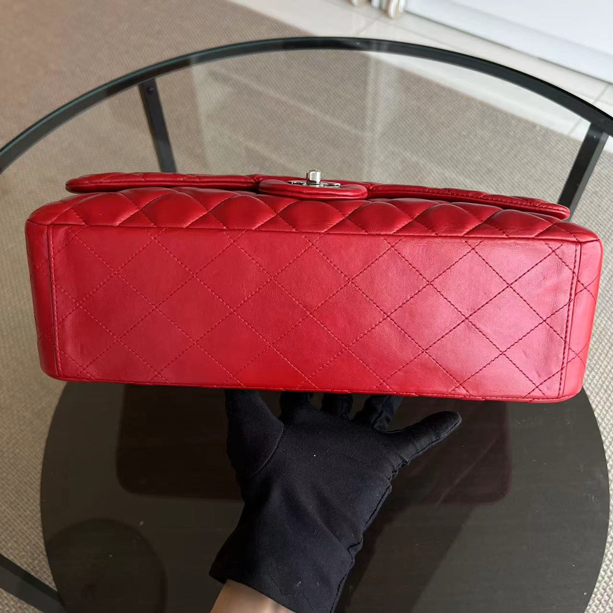 Maxi Classic Flap Quilted Lambskin Red Silver Hardware Series 13