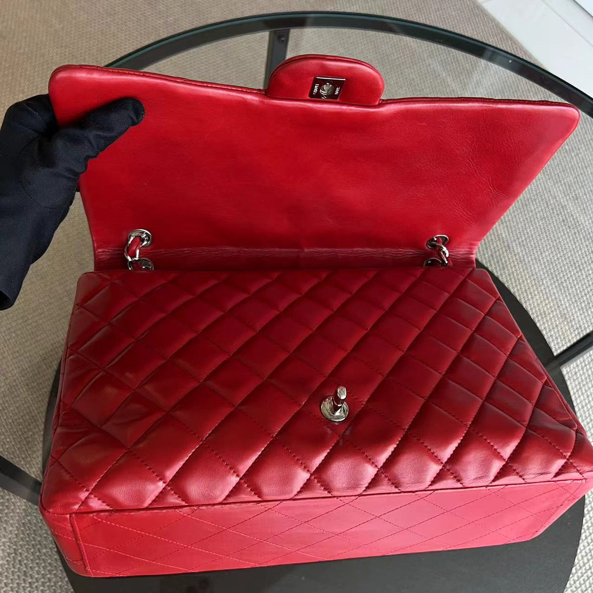 Maxi Classic Flap Quilted Lambskin Red Silver Hardware Series 13