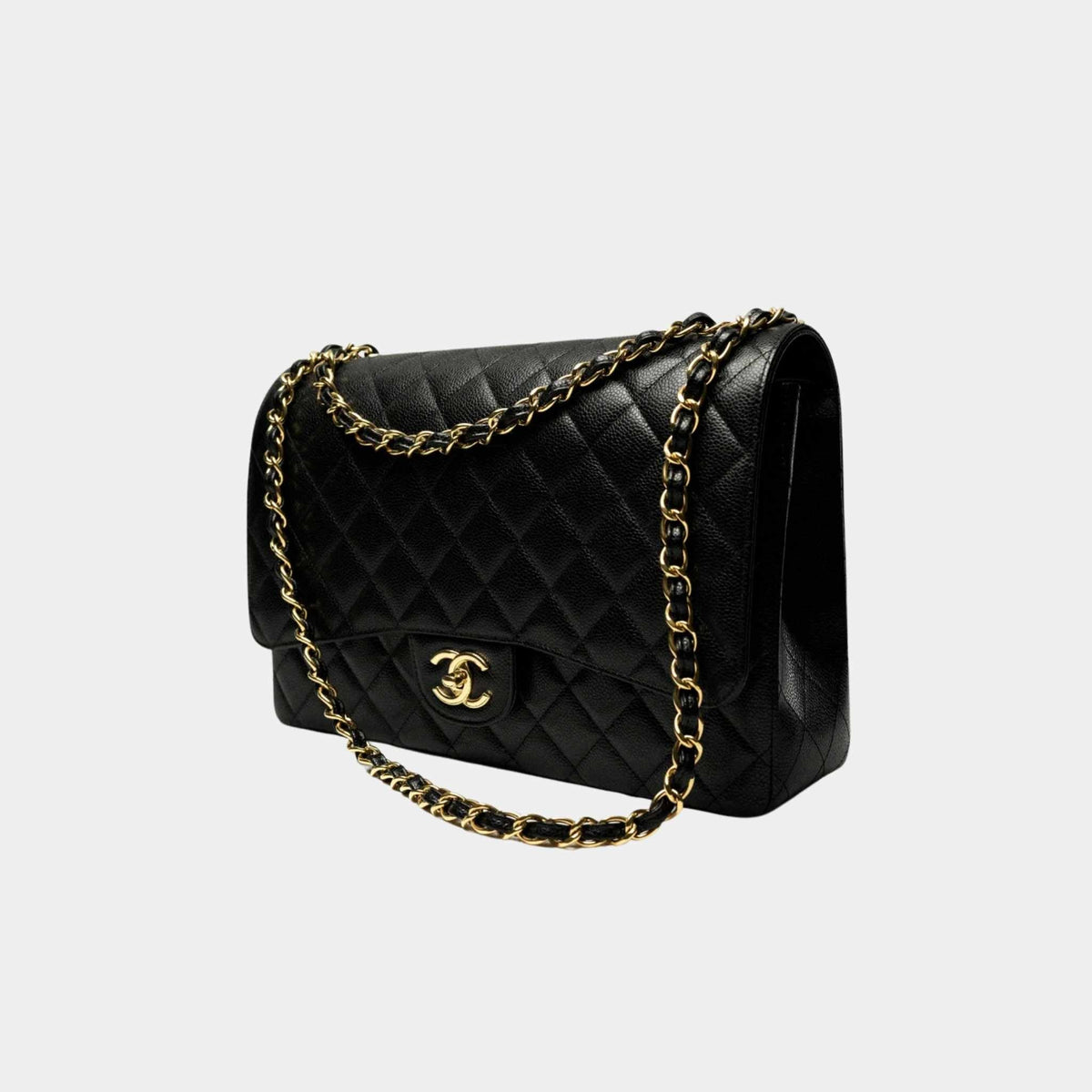 Maxi Classic Handbag Grained Calfskin Gold Tone Metal Black