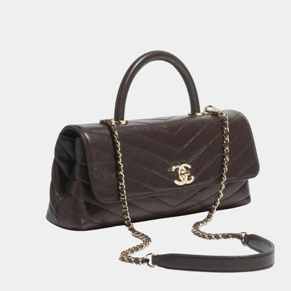 Maxi Flap Bag With Top Handle Leather & Gold Tone Metal