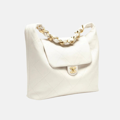 Chanel Maxi Hobo Bag Shiny Calfskin Gold Tone Metal, Front