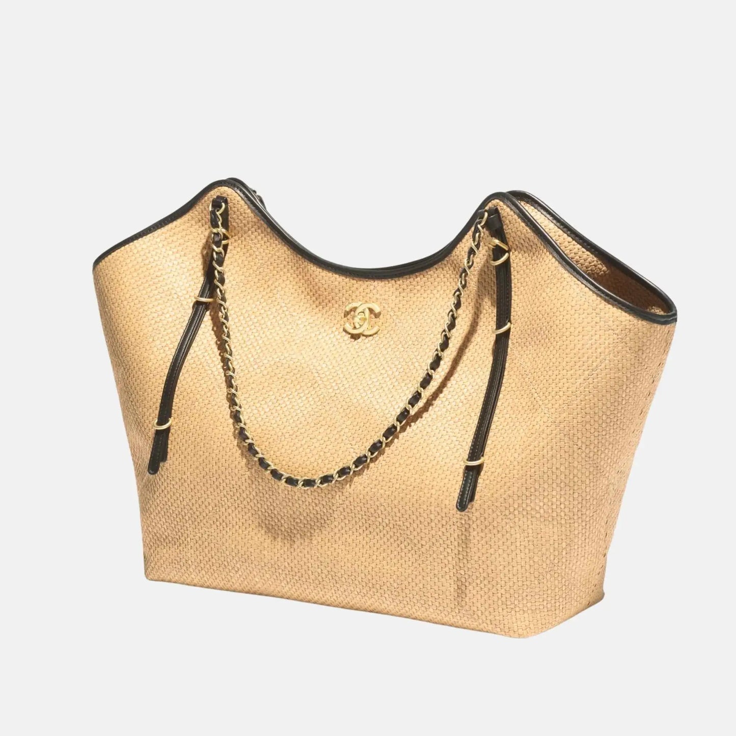Maxi Shopping Bag Braided Raffia Calfskin in Gold Tone Metal