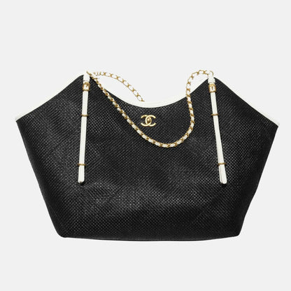 Chanel Maxi Shopping Bag Braided Raffia Calfskin Gold Tone Metal, Black, Front