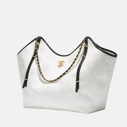 Chanel Maxi Shopping Bag Braided Raffia Calfskin Gold Tone Metal, White, Side